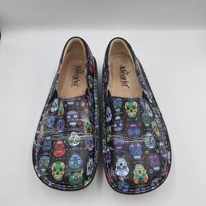 Alegria-Women Sz 38-Black Leather Multi-Colored Sugar Skulls Black Clog- DEB-484